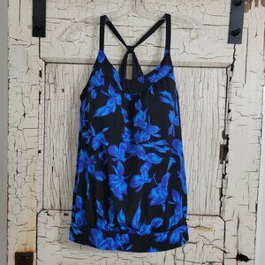 Land's End Tankini Swimsuit Swim Blouson Top Shelf Bra Blue Black Floral 16DD